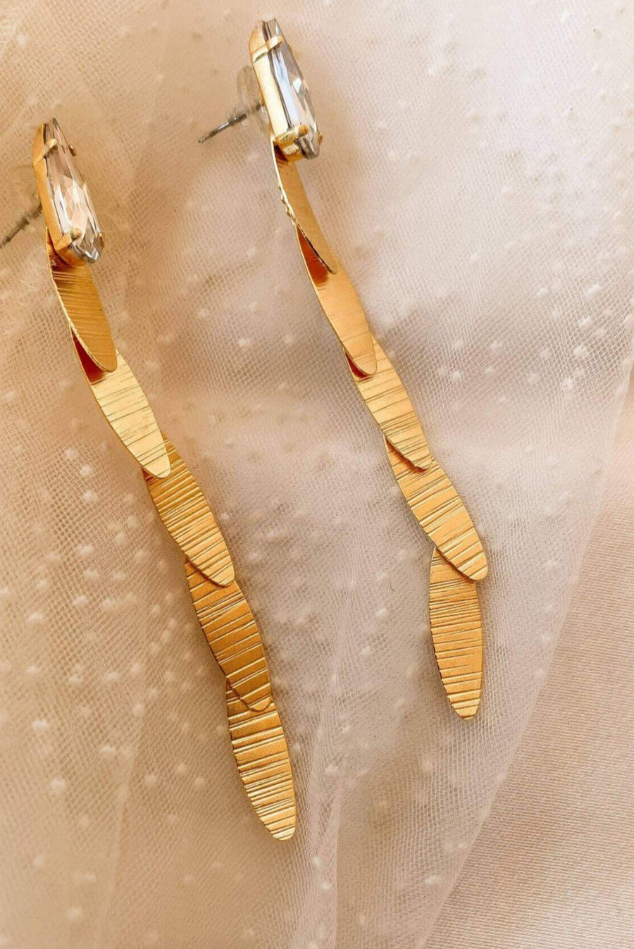 Akira long earrings from gold plated bronze and Swarovski zirconia stone Greek handmade jewelry yasemia
