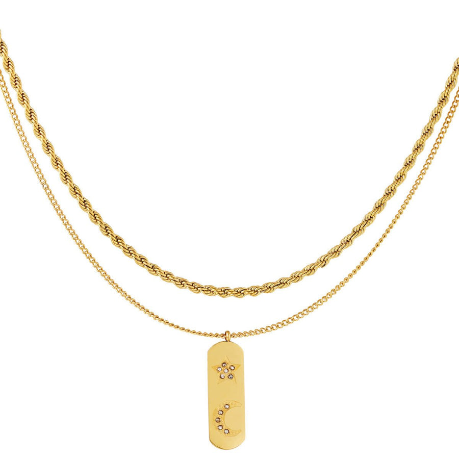 La Lune Double Chain Necklace - 18K Gold-Plated Stainless Steel with Zircons - Yasèmia